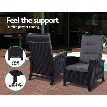 Gardeon Recliner Chair Sun lounge Wicker Lounger Outdoor Patio Furniture Adjustable Black.