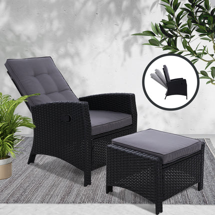 Gardeon Recliner Chair Sun lounge Wicker Lounger Outdoor Patio Furniture Adjustable Black.