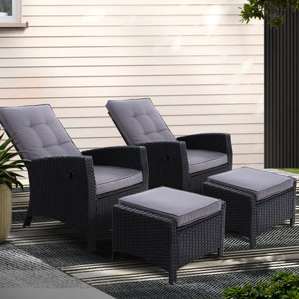 Gardeon 2PC Recliner Chairs Sun lounge Wicker Lounger Outdoor Furniture Adjustable Black.