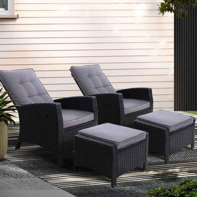 Gardeon 2PC Recliner Chairs Sun lounge Wicker Lounger Outdoor Furniture Adjustable Black.