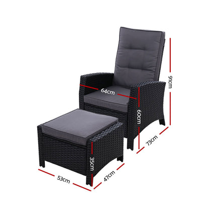 Gardeon 2PC Recliner Chairs Sun lounge Wicker Lounger Outdoor Furniture Adjustable Black.