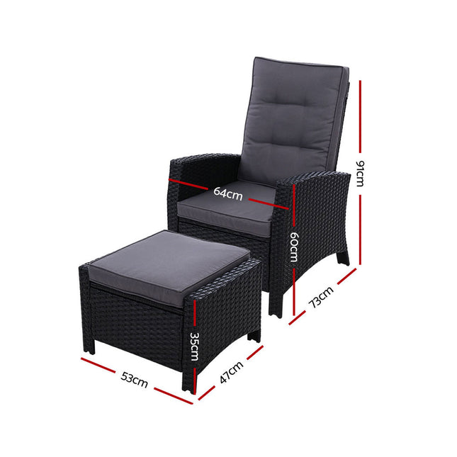 Gardeon 2PC Recliner Chairs Sun lounge Wicker Lounger Outdoor Furniture Adjustable Black.