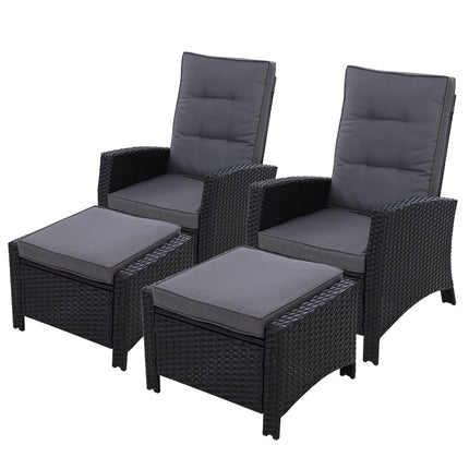 Gardeon 2PC Recliner Chairs Sun lounge Wicker Lounger Outdoor Furniture Adjustable Black.