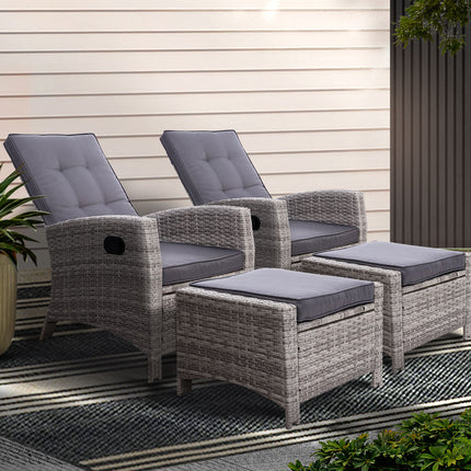 Gardeon 2PC Recliner Chairs Sun lounge Wicker Lounger Outdoor Furniture Adjustable Grey.