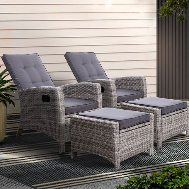 Gardeon 2PC Recliner Chairs Sun lounge Wicker Lounger Outdoor Furniture Adjustable Grey.