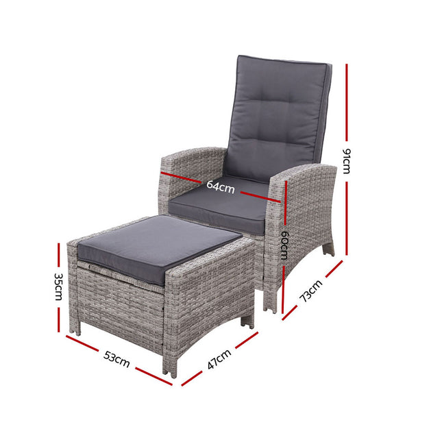 Gardeon 2PC Recliner Chairs Sun lounge Wicker Lounger Outdoor Furniture Adjustable Grey.