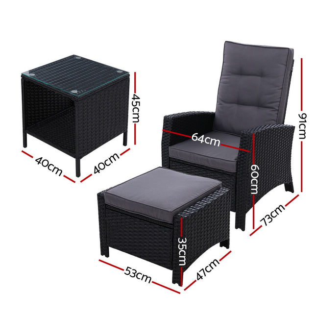 Gardeon 3PC Recliner Chairs Table Sun lounge Wicker Outdoor Furniture Adjustable Black.