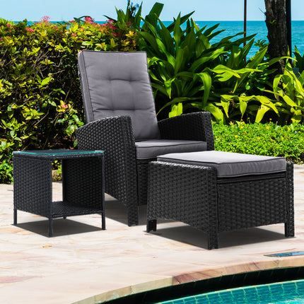 Gardeon 3PC Recliner Chairs Table Sun lounge Wicker Outdoor Furniture Adjustable Black.