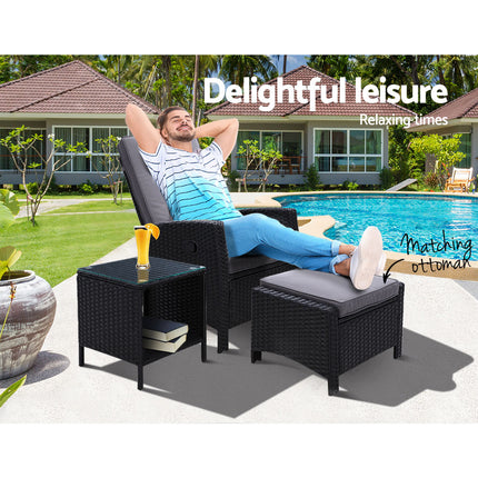 Gardeon 3PC Recliner Chairs Table Sun lounge Wicker Outdoor Furniture Adjustable Black.