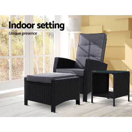 Gardeon 3PC Recliner Chairs Table Sun lounge Wicker Outdoor Furniture Adjustable Black.