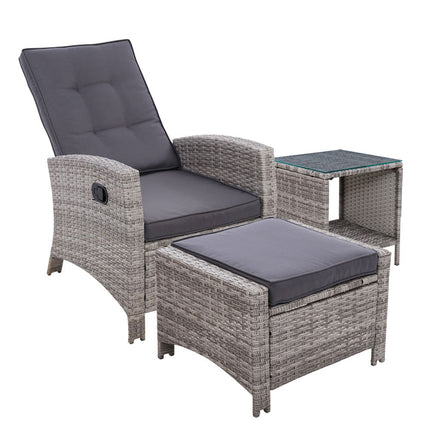 Gardeon 3PC Recliner Chairs Table Sun lounge Wicker Outdoor Furniture Adjustable Grey.