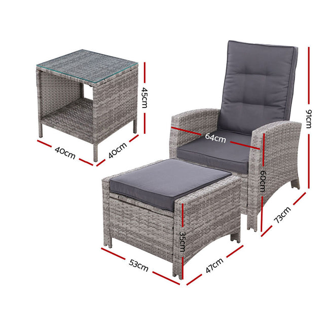 Gardeon 3PC Recliner Chairs Table Sun lounge Wicker Outdoor Furniture Adjustable Grey.