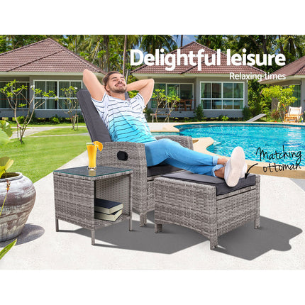Gardeon 3PC Recliner Chairs Table Sun lounge Wicker Outdoor Furniture Adjustable Grey.