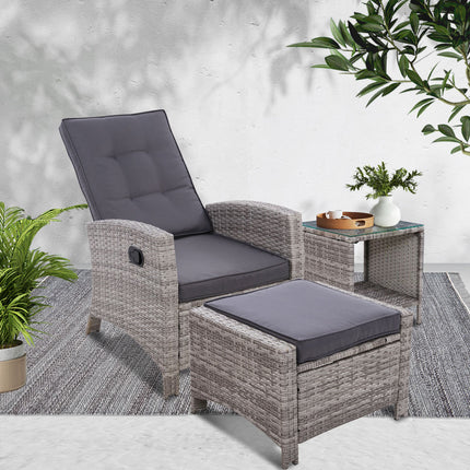 Gardeon 3PC Recliner Chairs Table Sun lounge Wicker Outdoor Furniture Adjustable Grey.