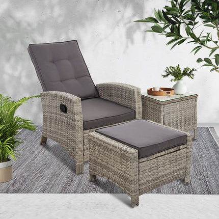 Gardeon 3PC Recliner Chairs Table Sun lounge Wicker Outdoor Furniture Adjustable Grey.