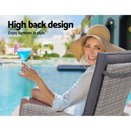 Gardeon 3PC Recliner Chairs Table Sun lounge Wicker Outdoor Furniture Adjustable Grey.