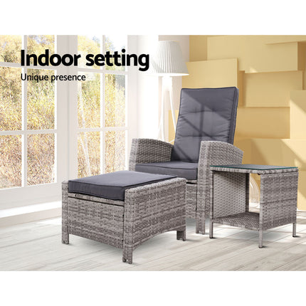 Gardeon 3PC Recliner Chairs Table Sun lounge Wicker Outdoor Furniture Adjustable Grey.