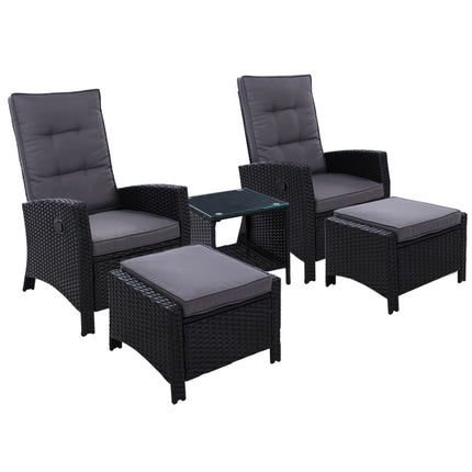 Gardeon 5PC Recliner Chairs Table Sun lounge Wicker Outdoor Furniture Adjustable Black.