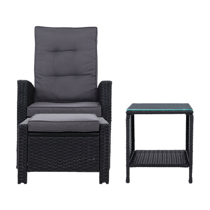Gardeon 5PC Recliner Chairs Table Sun lounge Wicker Outdoor Furniture Adjustable Black.