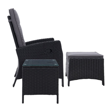 Gardeon 5PC Recliner Chairs Table Sun lounge Wicker Outdoor Furniture Adjustable Black.