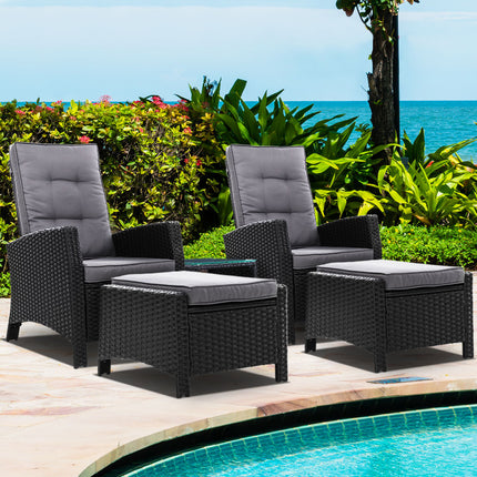 Gardeon 5PC Recliner Chairs Table Sun lounge Wicker Outdoor Furniture Adjustable Black.