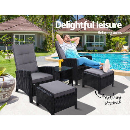 Gardeon 5PC Recliner Chairs Table Sun lounge Wicker Outdoor Furniture Adjustable Black.