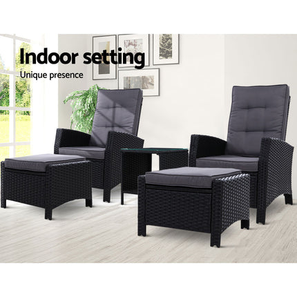 Gardeon 5PC Recliner Chairs Table Sun lounge Wicker Outdoor Furniture Adjustable Black.