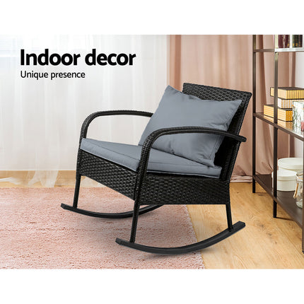 Gardeon Outdoor Furniture Rocking Chair Wicker Garden Patio Lounge Setting Black.