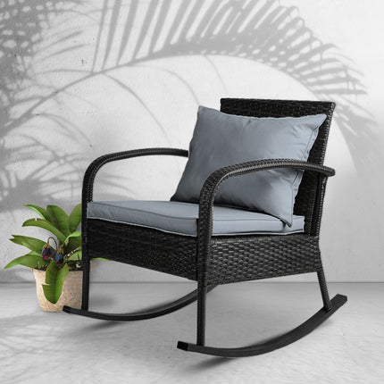 Gardeon Outdoor Furniture Rocking Chair Wicker Garden Patio Lounge Setting Black.
