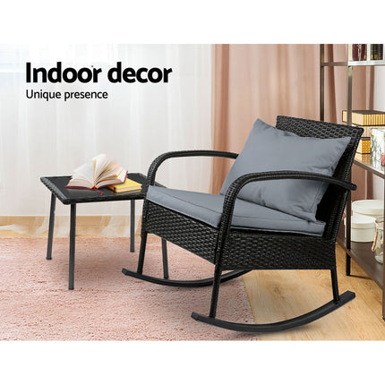 Gardeon 2PC Rocking Chair Table Wicker Outdoor Furniture Patio Lounge Setting.
