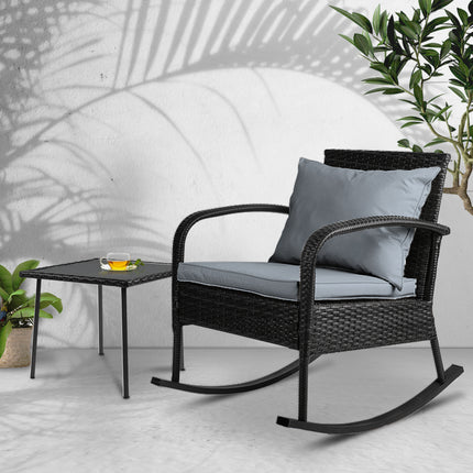 Gardeon 2PC Rocking Chair Table Wicker Outdoor Furniture Patio Lounge Setting.