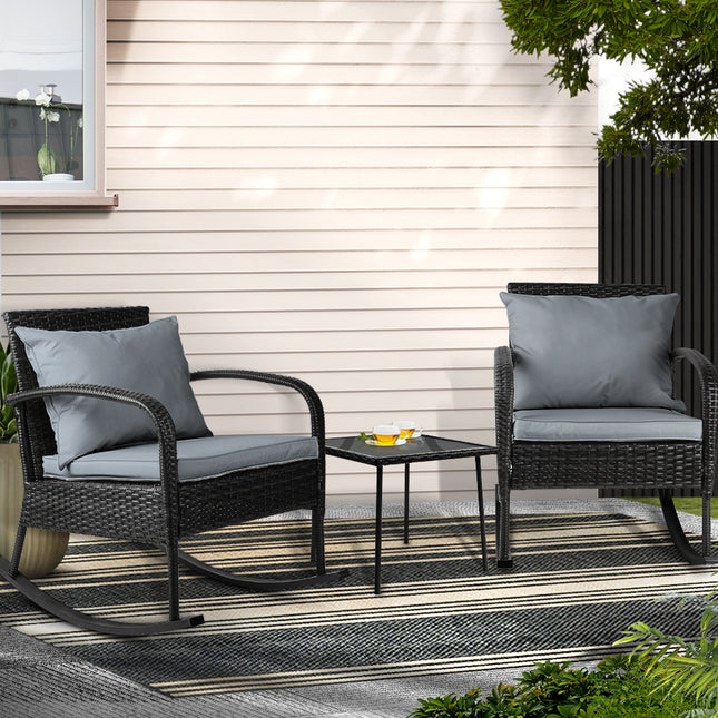 Gardeon 3PC Rocking Chair Table Wicker Outdoor Furniture Patio Bistro Set Black.