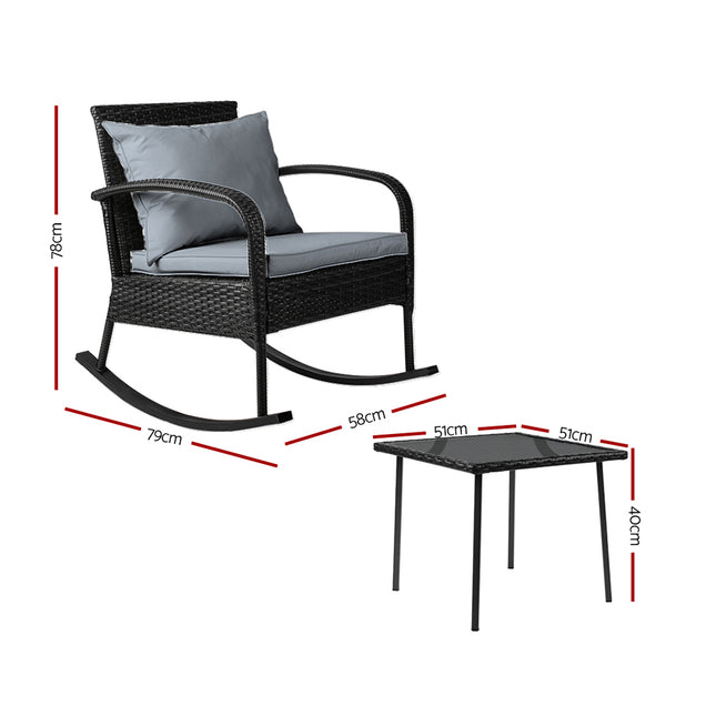 Gardeon 3PC Rocking Chair Table Wicker Outdoor Furniture Patio Bistro Set Black.