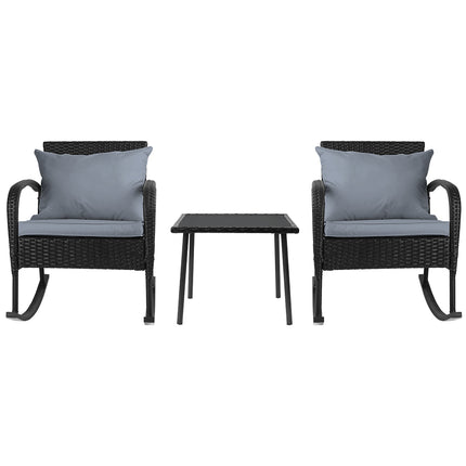 Gardeon 3PC Rocking Chair Table Wicker Outdoor Furniture Patio Bistro Set Black.