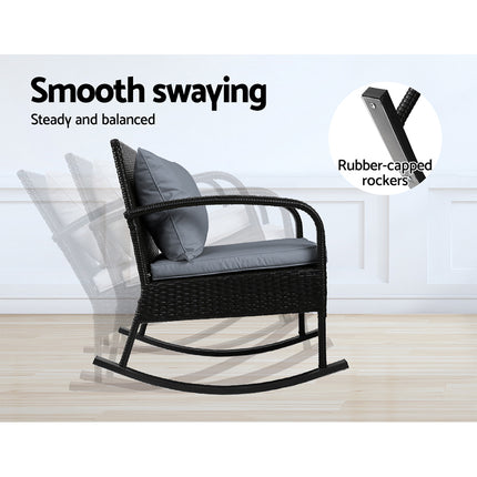 Gardeon 3PC Rocking Chair Table Wicker Outdoor Furniture Patio Bistro Set Black.