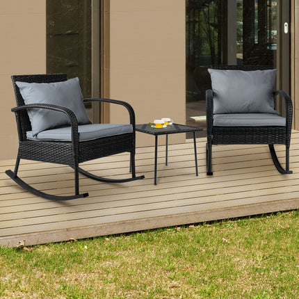 Gardeon 3PC Rocking Chair Table Wicker Outdoor Furniture Patio Bistro Set Black.