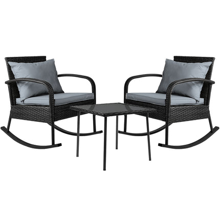 Gardeon 3PC Rocking Chair Table Wicker Outdoor Furniture Patio Bistro Set Black.