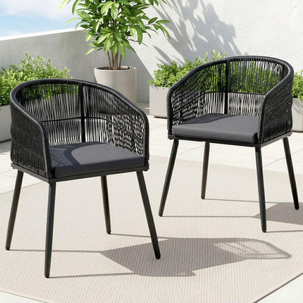 Gardeon 2PC Outdoor Dining Chairs Wicker Chair Patio Furniture Garden Steel Black.