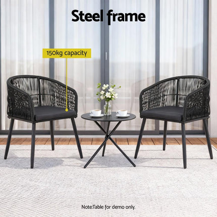 Gardeon 2PC Outdoor Dining Chairs Wicker Chair Patio Furniture Garden Steel Black.