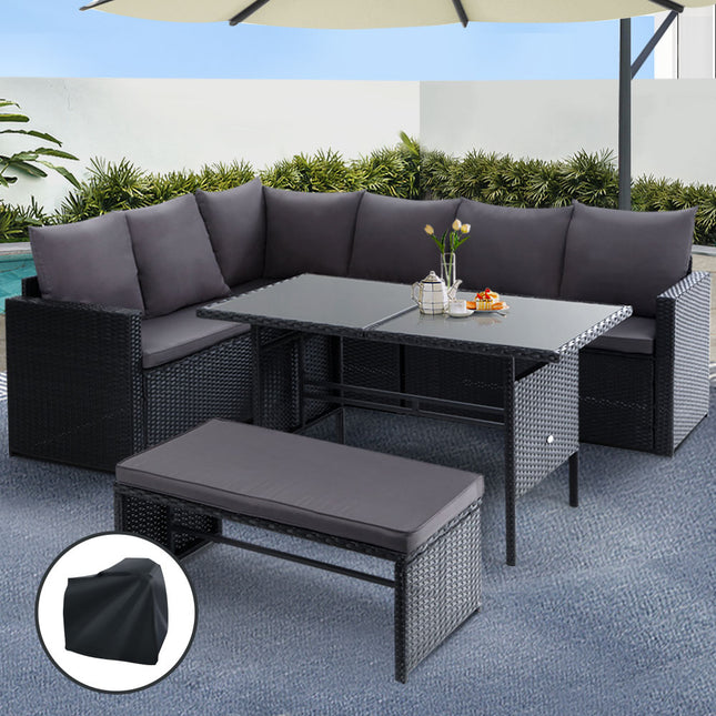 Gardeon Outdoor Dining Set Sofa Lounge Setting Chairs Table Bench Black Cover.