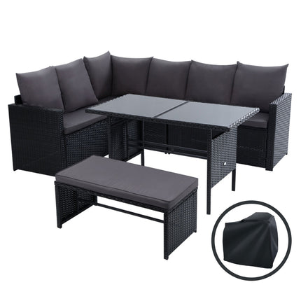 Gardeon Outdoor Dining Set Sofa Lounge Setting Chairs Table Bench Black Cover.
