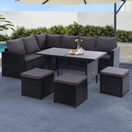 Gardeon Outdoor Furniture Dining Setting Sofa Set Lounge Wicker 9 Seater Black.