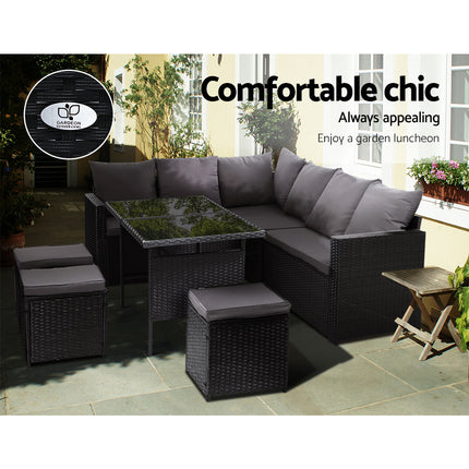 Gardeon Outdoor Furniture Dining Setting Sofa Set Lounge Wicker 9 Seater Black.