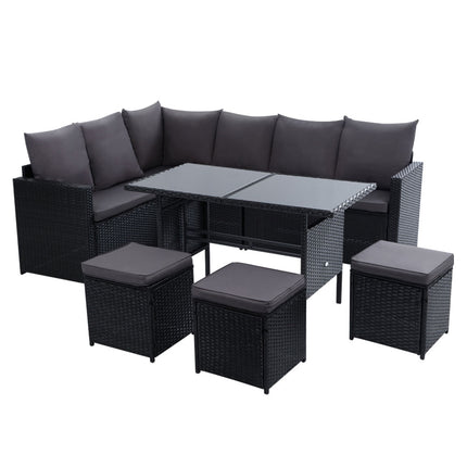Gardeon Outdoor Furniture Dining Setting Sofa Set Lounge Wicker 9 Seater Black.