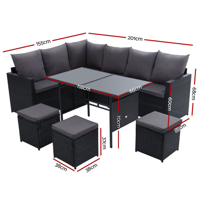 Gardeon Outdoor Dining Set Sofa Lounge Setting Chairs Table Ottoman Black Cover.