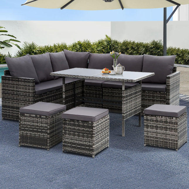 Gardeon Outdoor Furniture Dining Setting Sofa Set Lounge Wicker 9 Seater Mixed Grey.