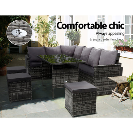 Gardeon Outdoor Furniture Dining Setting Sofa Set Lounge Wicker 9 Seater Mixed Grey.