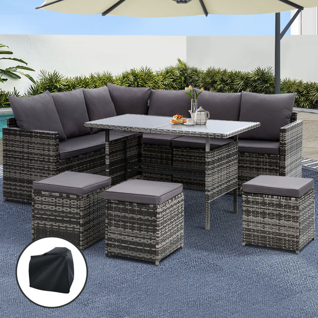 Gardeon Outdoor Dining Set Sofa Lounge Setting Chairs Table Ottoman Grey Cover.