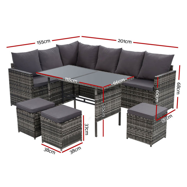 Gardeon Outdoor Dining Set Sofa Lounge Setting Chairs Table Ottoman Grey Cover.