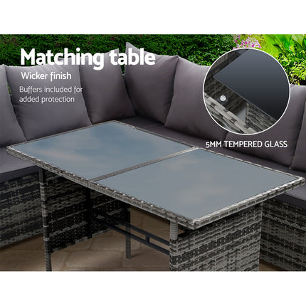 Gardeon Outdoor Dining Set Sofa Lounge Setting Chairs Table Ottoman Grey Cover.